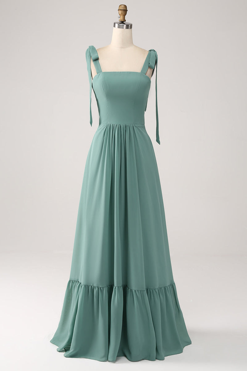 Charger l&#39;image dans la galerie, Une ligne en mousseline de soie vert longue robe de demoiselle d’honneur avec plissé