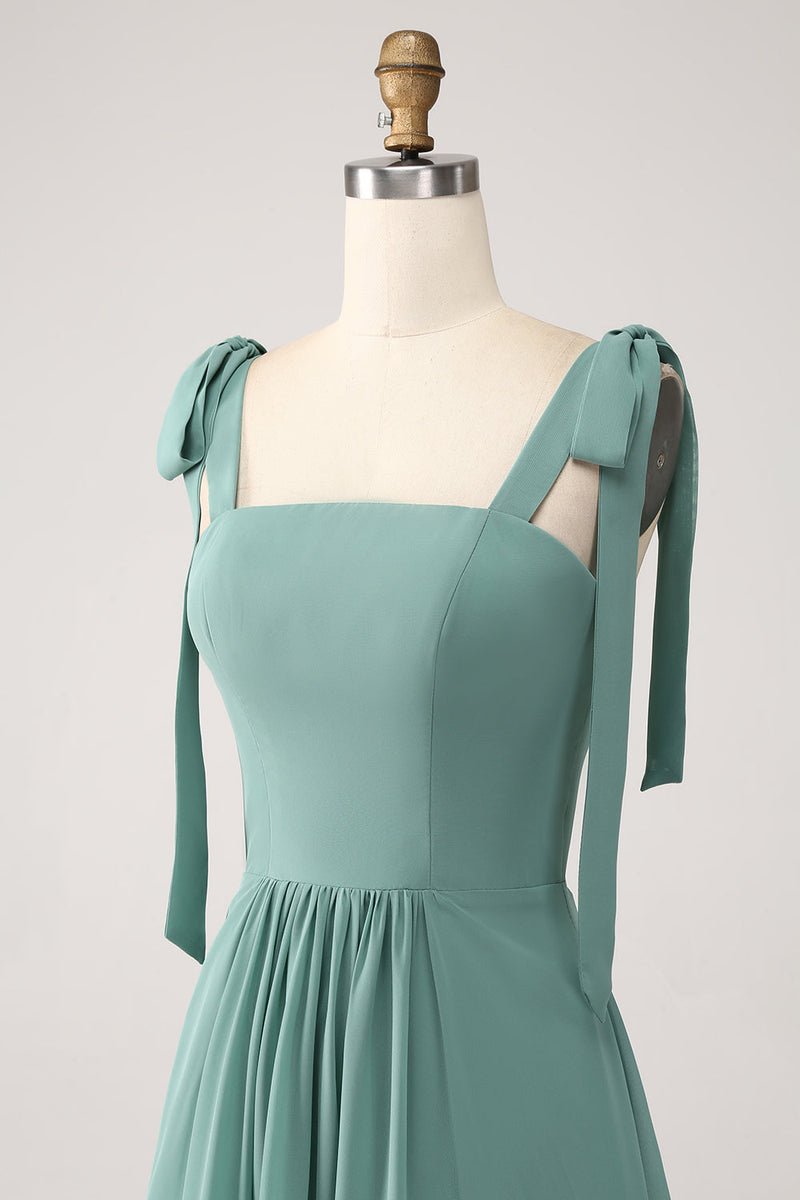 Charger l&#39;image dans la galerie, Une ligne en mousseline de soie vert longue robe de demoiselle d’honneur avec plissé
