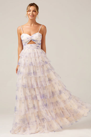 Lavande fleur princesse spaghetti bretelles robe de bal à plusieurs niveaux avec plissé