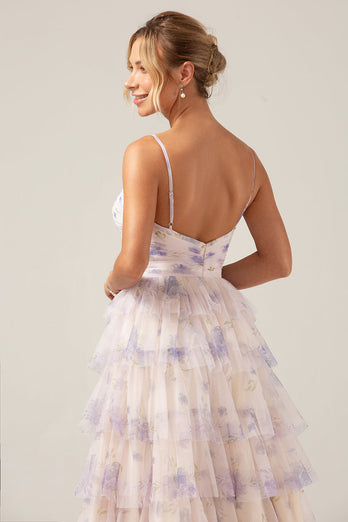 Lavande fleur princesse spaghetti bretelles robe de bal à plusieurs niveaux avec plissé