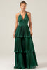 Charger l&#39;image dans la galerie, A-ligne Niveaux en mousseline de soie vert foncé longue robe de demoiselle d’honneur avec plissé