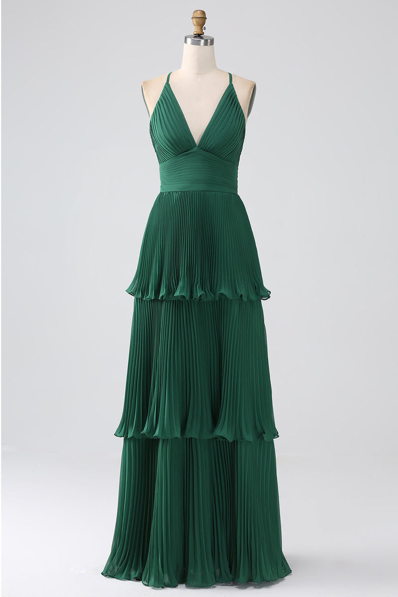 Charger l&#39;image dans la galerie, Robe de demoiselle d’honneur en mousseline de soie à plusieurs niveaux vert foncé avec plissée