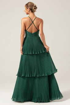 A-ligne Niveaux en mousseline de soie vert foncé longue robe de demoiselle d’honneur avec plissé