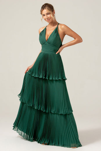 A-ligne Niveaux en mousseline de soie vert foncé longue robe de demoiselle d’honneur avec plissé