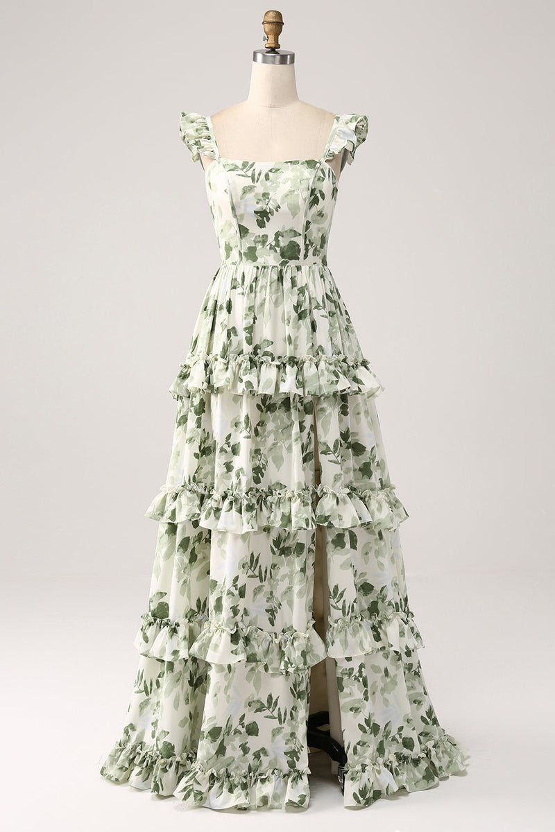 Charger l&#39;image dans la galerie, Robe de Soirée à volants floraux verts à plusieurs niveaux avec fente