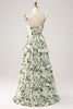 Charger l&#39;image dans la galerie, Robe de Soirée à volants floraux verts à plusieurs niveaux avec fente