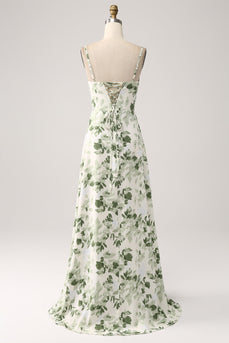 Col bénitier vert floral une ligne robe de Soirée avec fente