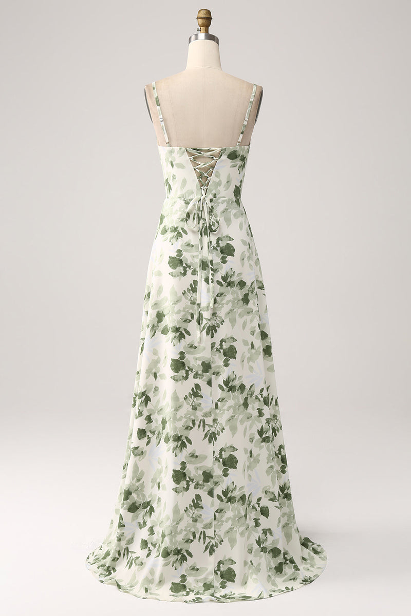 Charger l&#39;image dans la galerie, Col bénitier vert floral une ligne robe de Soirée avec fente