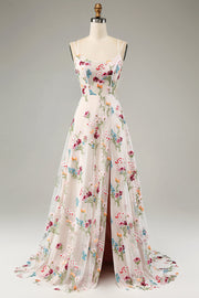 Robe de soiréel longue bustier ivoire à bretelles fines ligne A fleurie avec fente