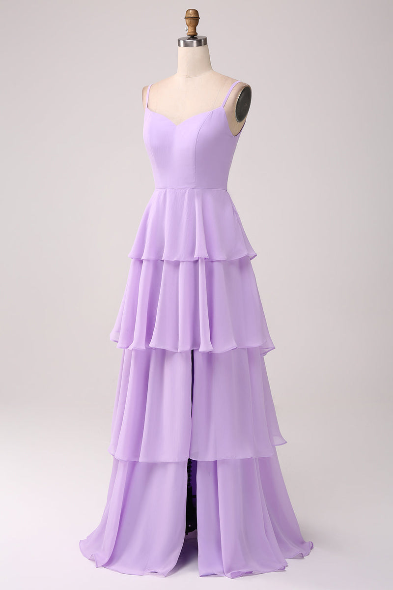 Charger l&#39;image dans la galerie, Une ligne bretelles spaghetti à plusieurs niveaux en mousseline de soie lilas robe de demoiselle d’honneur avec fente