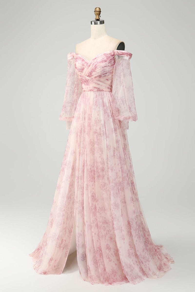 Charger l&#39;image dans la galerie, Blush Flower A-ligne Robe de bal à imprimé épaules dénudées avec fente