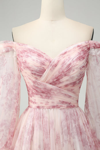 Blush Flower A-ligne Robe de bal à imprimé épaules dénudées avec fente
