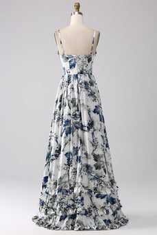 Robe de bal longue corset imprimée bleue plissée avec fente