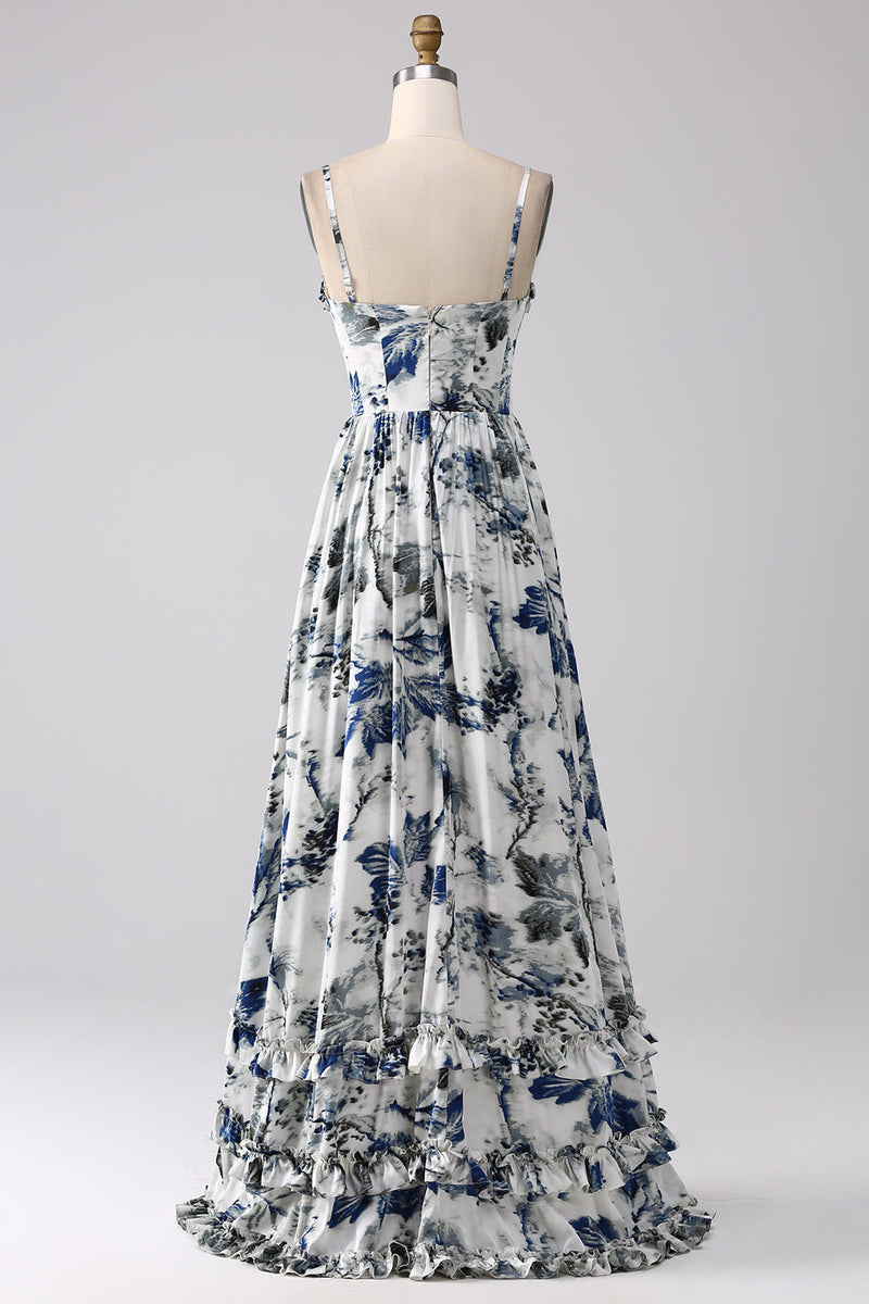 Charger l&#39;image dans la galerie, Robe de bal longue corset imprimée bleue plissée avec fente