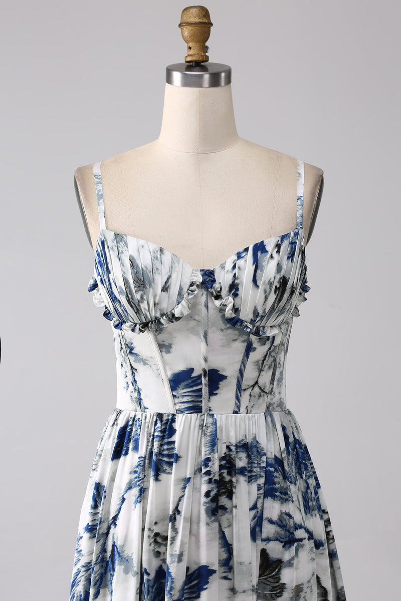 Charger l&#39;image dans la galerie, Robe de bal longue corset imprimée bleue plissée avec fente