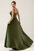 Charger l&#39;image dans la galerie, A-ligne Spaghetti Bretelles Olive Satin Longue robe de demoiselle d’honneur avec fente
