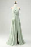 Robe longue de demoiselle d’honneur plissée en chiffon Sage A Dusty Line avec fente