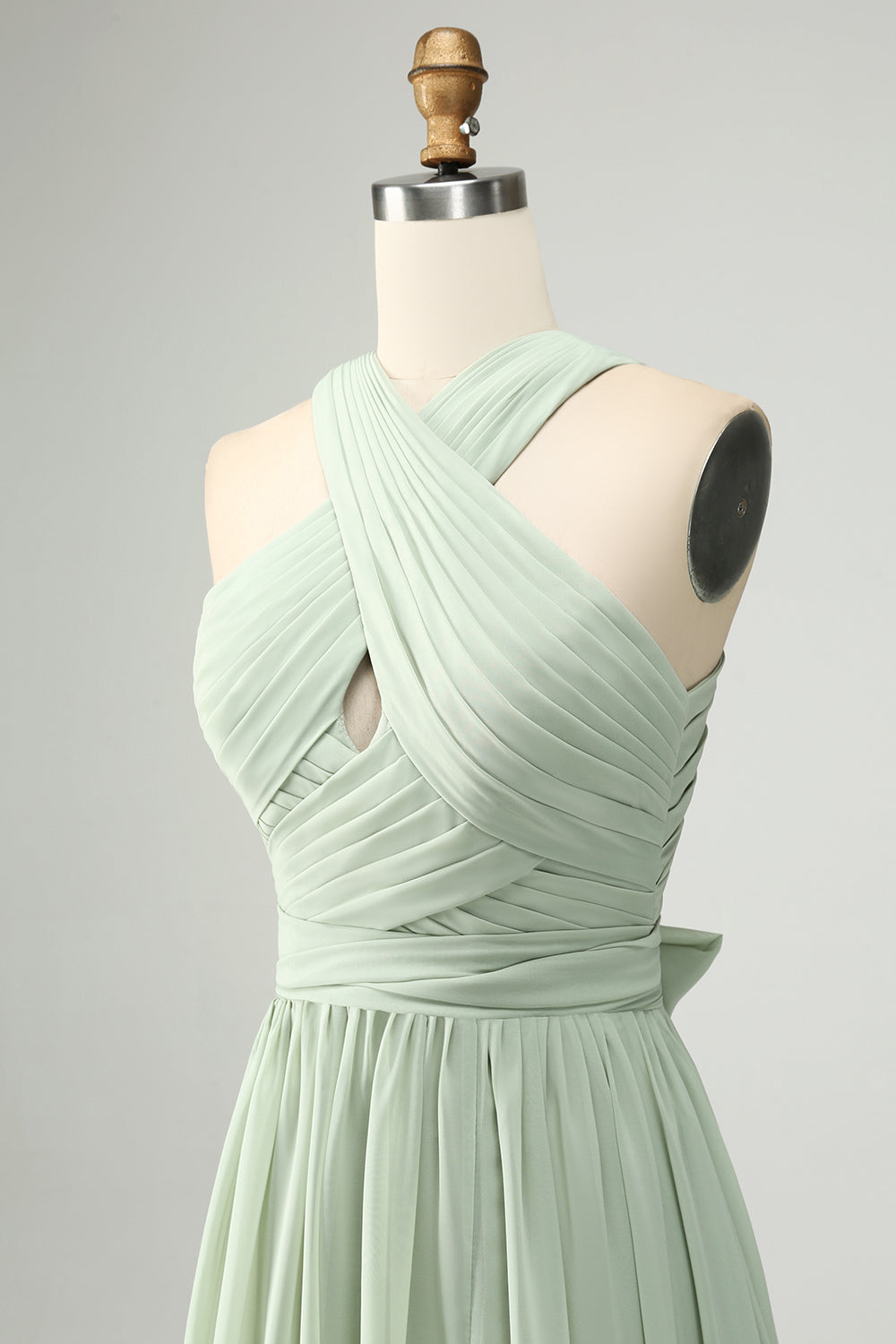 A Line Halter Robe de demoiselle d’honneur plissée vert sauge avec fente