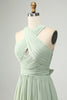 Charger l&#39;image dans la galerie, A Line Halter Robe de demoiselle d’honneur plissée vert sauge avec fente