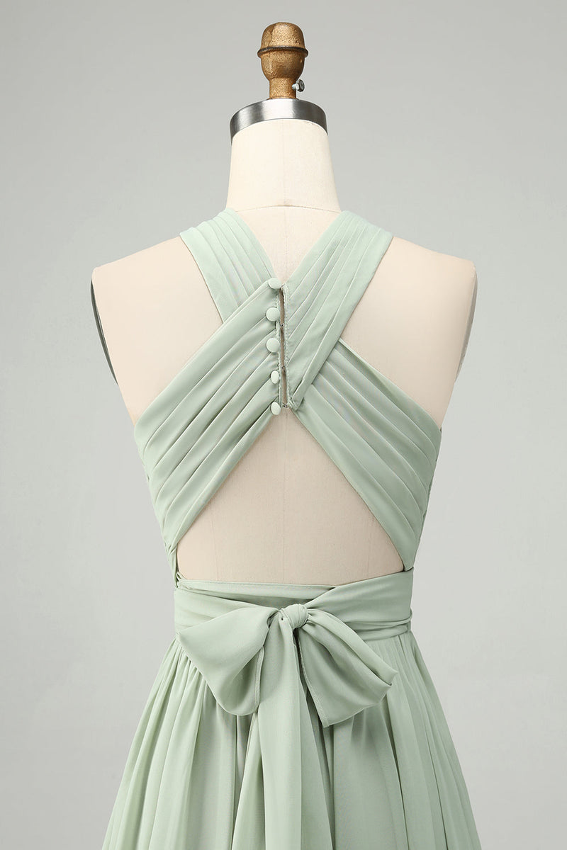 Charger l&#39;image dans la galerie, A Line Halter Robe de demoiselle d’honneur plissée vert sauge avec fente