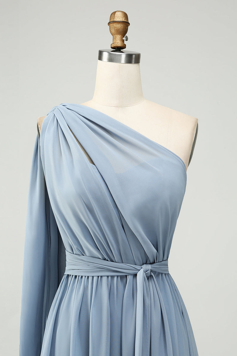 Charger l&#39;image dans la galerie, Robe de demoiselle d’honneur longue en mousseline de soie convertible A Line bleu poussiéreux