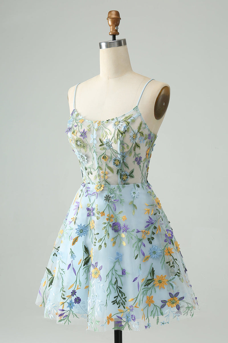 Charger l&#39;image dans la galerie, Élégante fleur bleue corset corset courte de retour à la maison avec broderie