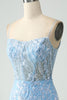 Charger l&#39;image dans la galerie, Robe courte de bal perlée bleu ciel scintillante à bretelles spaghetti