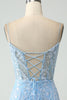 Charger l&#39;image dans la galerie, Robe courte de bal perlée bleu ciel scintillante à bretelles spaghetti