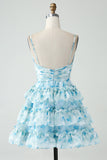 Robe de cocktail trapèze bleue à fleurs découpées courtes