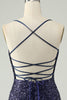 Charger l&#39;image dans la galerie, Robe courte moulante à paillettes bleu marine scintillante avec franges