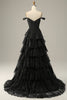 Charger l&#39;image dans la galerie, Robe de Soirée Rougir à plusieurs niveaux noire sur les épaules