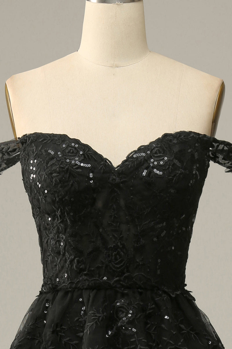 Charger l&#39;image dans la galerie, Robe de Soirée Doré à plusieurs niveaux noire sur les épaules