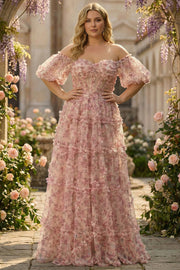 Robe de bal grande taille ivoire ligne A à fleurs rouges épaule dénudée