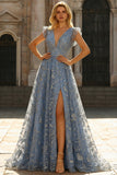 Robe de bal longue gris-bleu ligne A col V à paillettes avec fente