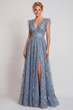 Gris-bleu à encolure appliquée en V : Ligne A Robe de la mère de la mariée avec fente