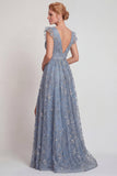 Gris-bleu à encolure appliquée en V : Ligne A Robe de la mère de la mariée avec fente