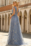 Robe de bal longue gris-bleu ligne A col V à paillettes avec fente