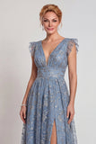 Gris-bleu à encolure appliquée en V : Ligne A Robe de la mère de la mariée avec fente