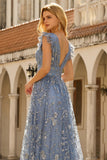 Robe de bal longue gris-bleu ligne A col V à paillettes avec fente