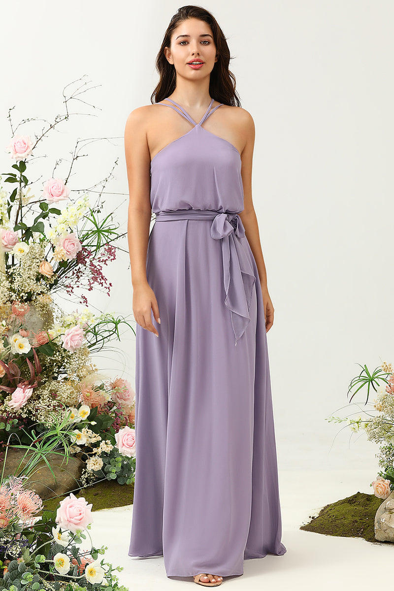 Charger l&#39;image dans la galerie, Une robe de demoiselle d’honneur longue ligne Halter Purple avec nœud papillon