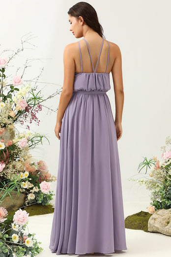 Une robe de demoiselle d’honneur longue ligne Halter Purple avec nœud papillon