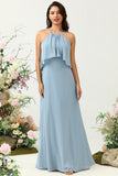 Une ligne Halter Neck Blue Long Bridesmaid Robe