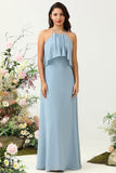 Une ligne Halter Neck Blue Long Bridesmaid Robe