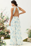 Robe de demoiselle d'honneur longue en mousseline de soie bleue à fleurs style bohème