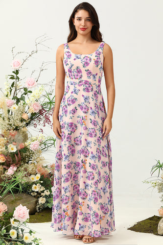 Une ligne col carré rose floral imprimé longue robe de demoiselle d’honneur avec dos ouvert