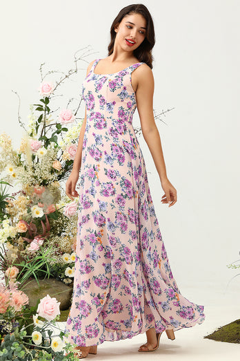 Une ligne col carré rose floral imprimé longue robe de demoiselle d’honneur avec dos ouvert