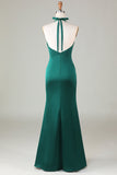 Robe de demoiselle d’honneur longue en satin froncé sirène sirène vert foncé