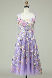 Mignon A Line Spaghetti Straps Blue Tea Length Prom Dress avec 3D Flowers