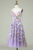 Mignon A Line Spaghetti Straps Blue Tea Length Prom Dress avec 3D Flowers