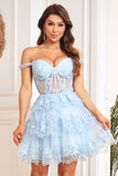 Sparkly Dark Blue Corset Robe courte à plusieurs niveaux avec dentelle